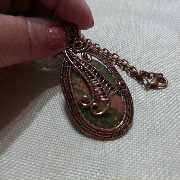 Rustic UNAKITE Handmade COPPER WIRE-WRAPPED Pendant/Chain #308C - Picture 2 of 3